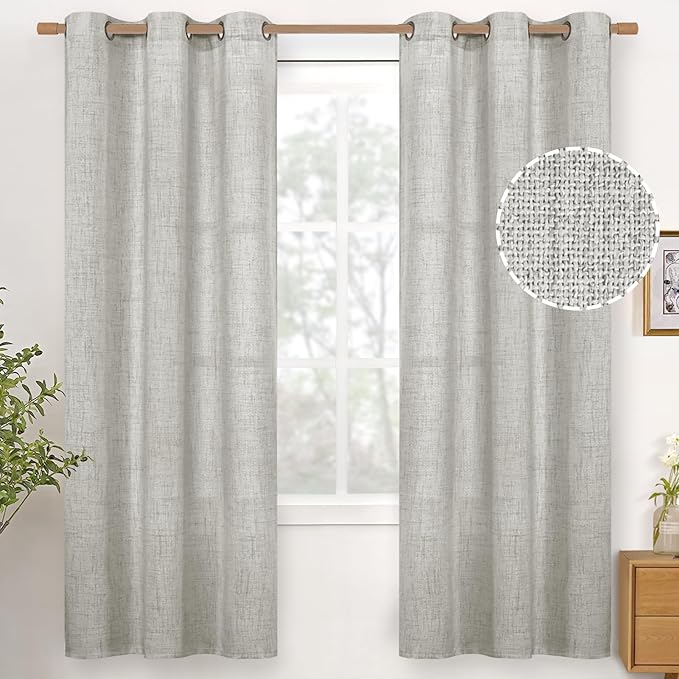 YoungsTex Linen Curtains 72 Inch Length Light Grey Textured Window Drapes with Bronze Grommet Light Filtering for Bedroom Living Room Office, 2 Panels, 42 X 72 Inch