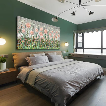 amatop Extra Large Floral Wall Picture for Living Room Modern Botanical Canvas Prints Flower Field Wall Decor Abstract Nature Art Wildflower Garden Pink Green Stretched Artwork Bedroom Office 58x29 in