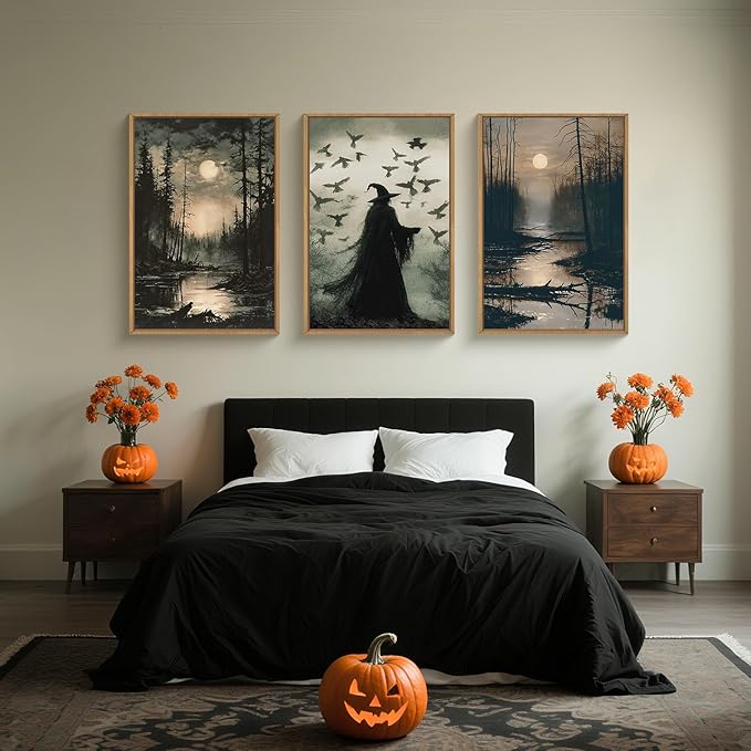 HLNIUC Large Halloween Decor Indoor, Witch Gothic Vintage Framed Wall Art 3pcs (16x24),Black Raven Dark Academia Pictures, Moody Moon Forest Spooky Canvas Painting for Living Room, Bedroom, Office