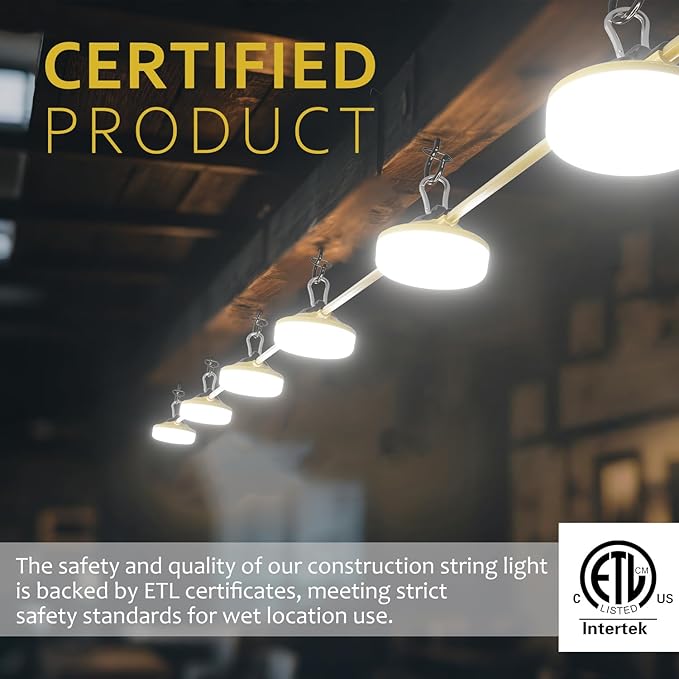 LED Construction String Lights 100FT, 10000 LM, 5000K Daylight LED String Work Lights, 100W Temporary Lighting for Job Site Outdoor Indoor, IP65 Waterproof Temporary Construction Lights, ETL Listed
