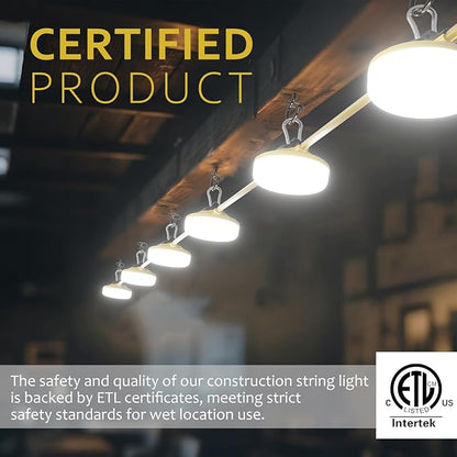 LED Construction String Lights 100FT, 10000 LM, 5000K Daylight LED String Work Lights, 100W Temporary Lighting for Job Site Outdoor Indoor, IP65 Waterproof Temporary Construction Lights, ETL Listed
