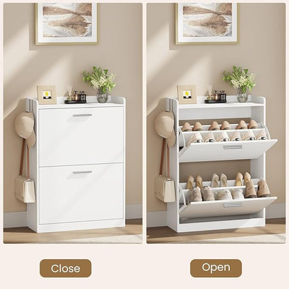 Shoe Cabinet Organizer with 2 Flip Drawers & 2-Tier Adjustable Shelves, Freestanding Shoe Rack Cabinet, Narrow Shoe Storage for Entryway, Foyer, Hallway, White, 23.6" W × 9.4" D × 33.1" H