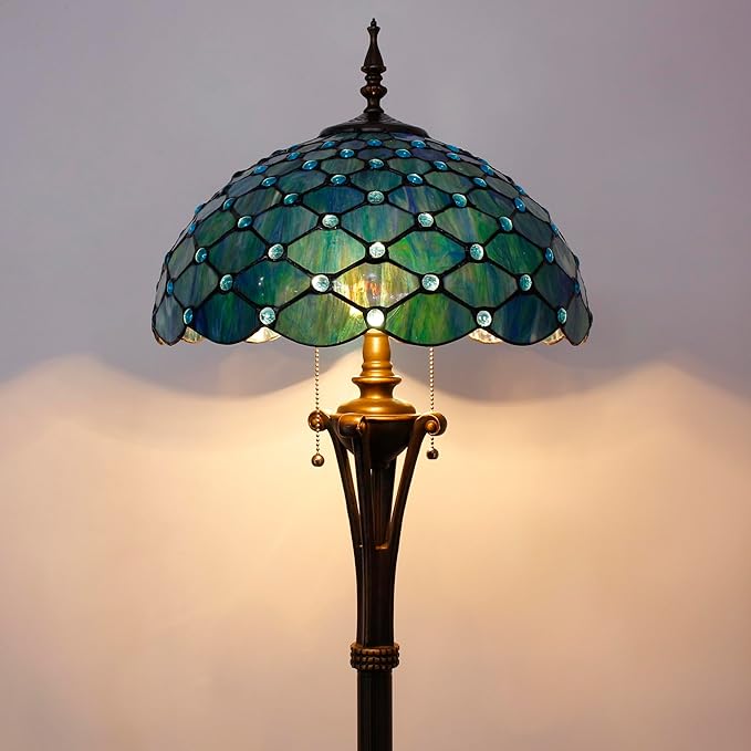 Tiffany Floor Lamp Sea Blue Stained Glass Pearl Standing Reading Light 16X16X70 Inches Antique Pole Corner Lamp Decor Bedroom Office Living Room