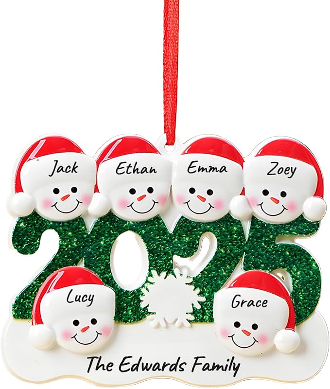 2025 Christmas Ornaments Personalized with Names Family of 2,3,4,5,6, Custom Family Snowman Ornament for Xmas Tree, Personalized Christmas Ornaments Decoration Gifts for Home Decor, 6 Names