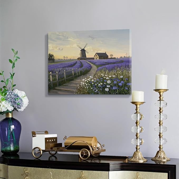 amatop Purple Canvas Wall Art for Bathroom Bedroom Farmhouse Lavender Floral Art Print Countryside Landscape Picture Daisy Flowers Small Nature Scenic Rustic Artwork Entryway Hallway 16x12 In