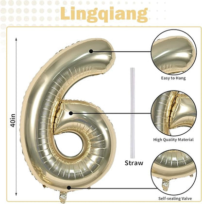 Champagne Gold Number 6 Balloon, 40In Large Foil Number Balloons Set 0-9 for Women, Self Inflating Light Gold Digital 6 Helium Balloon for Girls Boys 6th Birthday Anniversary Party Decoration Supplies