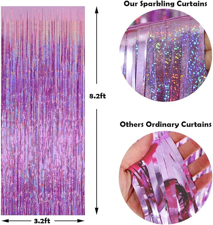 Melsan 3 Pack 3.2 x 8.2 ft Sparkling Pinkish Purple Tinsel Fringe Curtain Backdrop Party Decorations Glitter Decor for Birthdays, Bachelorette, Weddings, Photo Booth
