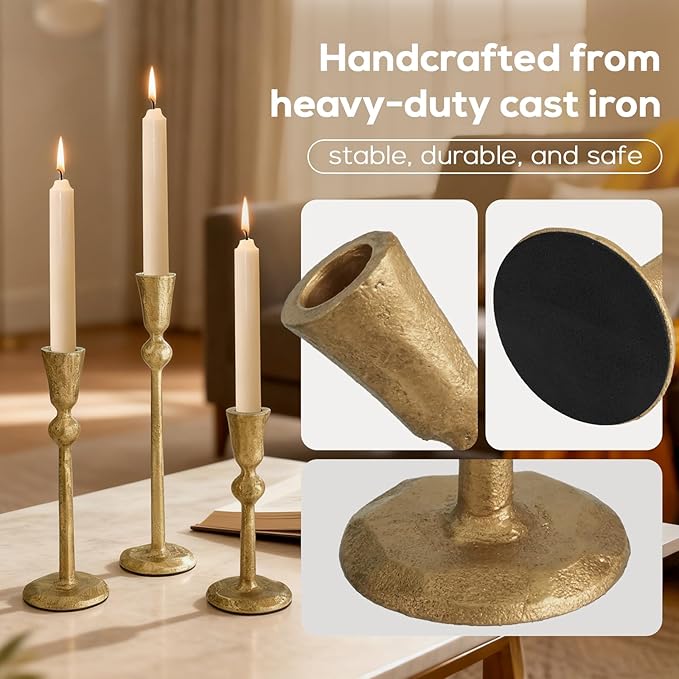 Set of 3 Antique Brass Taper Candle Holders Iron Candlestick Holder for Table Centerpieces Wedding Holiday Decor Vintage Decorative Candelabra Style Candle Stick Stand