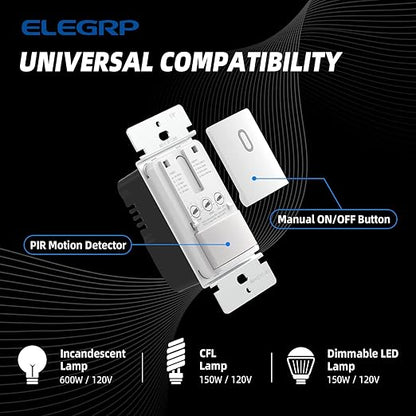 ELEGRP Occupancy Motion Sensor Light Switch, PIR Infrared Motion Activated Wall Switch, No Neutral Wire, Single Pole for CFL/LED/Incandescent Bulb, Wall Plate Included, UL Listed (6 Pack, Matte White)