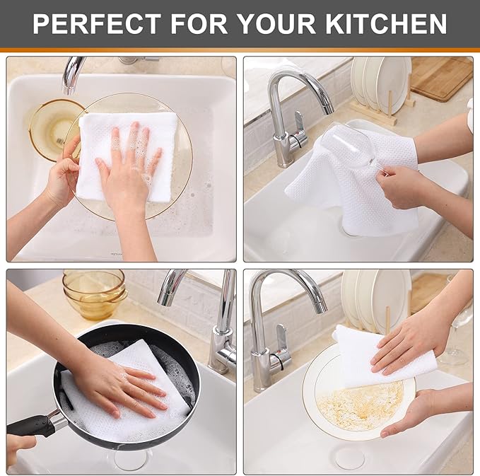 Kitinjoy 100% Cotton Kitchen Dish Cloths, 12 Pack Waffle Weave Ultra Soft Absorbent Dish Towels for Drying Dishes Quick Drying Kitchen Towels Dish Rags, 12 X 12Inch, White