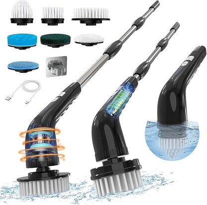 Electric Spin Scrubber, Cordless Cleaning Brush, Shower Scrubber with 7 Replaceable Brush, 2 Speeds and Adjustable Extension Handle for Bathroom Shower Bathtub Glass Car(Black)