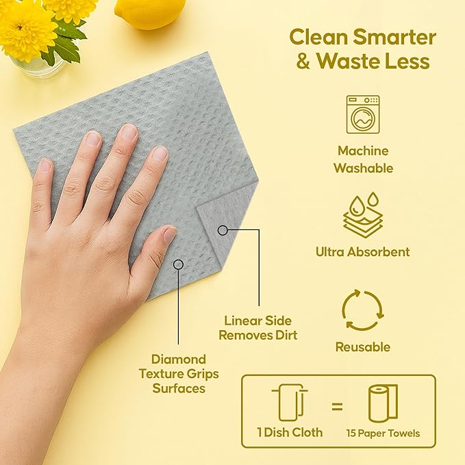 Swedish Dishcloths 12 Pack – Reusable Paper Towels, Cellulose Sponge Cloths, Washable & Super Absorbent Kitchen Dish Cloths, Biodegradable Compostable Paper Towel Alternative – Organic Origin