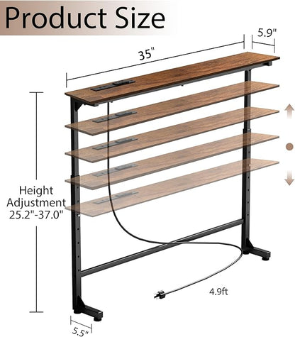 35 inch Narrow Console Table with Outlet,Adjustable Height(25"-37") Behind Sofa Table,Couch Behind Table Skinny,Couch Shelf with Charging Station,Long Entryway Tables for Living Room,Brown