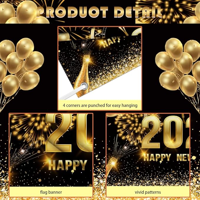 MEHOFOND 7x5 ft Black and Gold 2026 Happy New Year Backdrop Cheers to 2026 New Year Eve Glitter Photography Background Hello 2026 Party Champagne Balloon Fireworks Decor Banner Cake Smash Photo Props