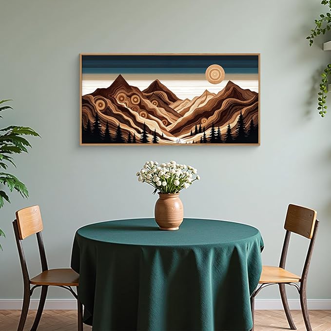 Large Abstract Mountain Woodcut Framed Canvas Wall Art,Modern Tree Ring Wall Decor,Sunrise Ridge Scenery Wall Painting,Retro Desert Artwork for Living Room,Bedroom,Dining Room,Office -20"x40"x1