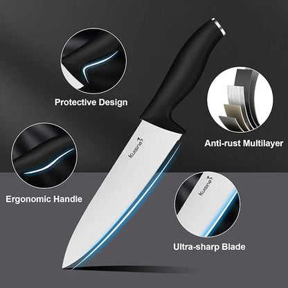 Kuisine Kitchen Knife Set,High Carbon Stainless Steel Ultra Sharp Blade Ergonomic Handle,Knife Set with Block Built-in Sharpener(15PCS,Black)