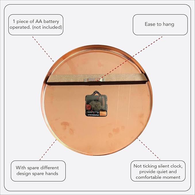 Handmade Pure Copper Wall Clock for Home Decoration, Decor Clock for Living Room, Bedroom and Kitchen, Rustic Decorative Mural Clock Art for Farmhouse (Rusty Numbers, 17.7)