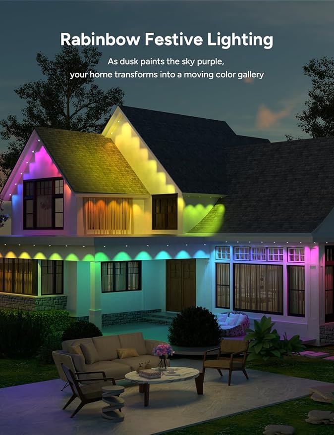 Permanent Outdoor Lights, 100ft with 60 RGB LED Lights for Daily and Christmas, Halloween, 49 Scene Modes+DIY for Outdoor Decor, IP66 Waterproof, Compatible with Alexa, Google Assistant