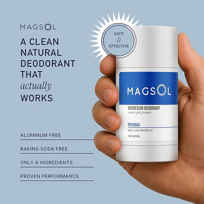 MAGSOL Magnesium Deodorant for Men, Aluminum Free, Baking Soda Free Natural Deodorant for Sensitive Skin, Long Lasting Odor Protection with Sweet Almond Oil, Patchouli 2.6 oz