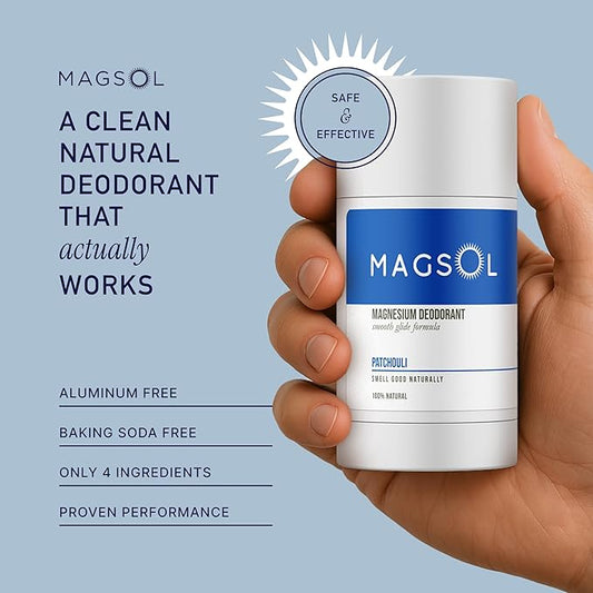 MAGSOL Magnesium Deodorant for Men, Aluminum Free, Baking Soda Free Natural Deodorant for Sensitive Skin, Long Lasting Odor Protection with Sweet Almond Oil, Patchouli 2.6 oz