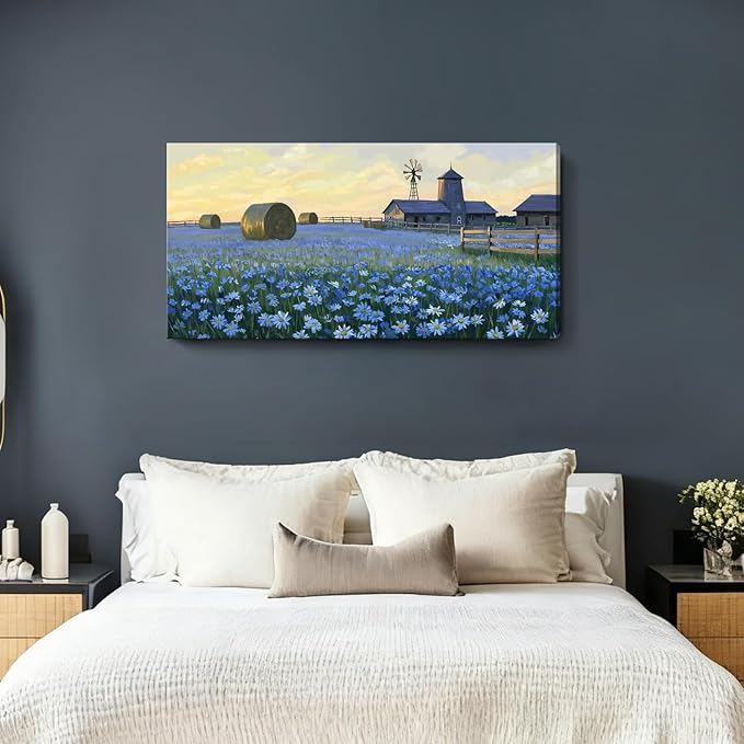 ARTZON Large Wall Art Farmhouse Sunset Flower Art work Rustic Farm Daisy Wildflower Barn Canvas Print Landscape Blue Yellow Picture Nature Floral Artwork for Living Room Bedroom Office Decor 48"x24"