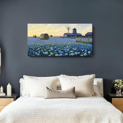 ARTZON Large Wall Art Farmhouse Sunset Flower Art work Rustic Farm Daisy Wildflower Barn Canvas Print Landscape Blue Yellow Picture Nature Floral Artwork for Living Room Bedroom Office Decor 48"x24"