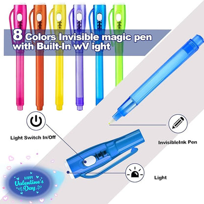 24 Pcs SInvisible Ink Pens with UV Light, Astronaut themed gift card & Goodie Bags,Valentine's Day Gifts, Detective Party Favors, Classroom Prizes, Escape Room Activities.