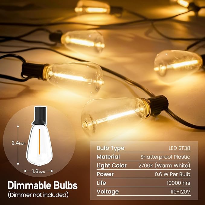 Outdoor String Lights 100 FT 52 Shatterproof LED Bulbs, UL Certified Patio Lights Outdoor Light Strings Waterproof for Patio Yard Outside Party Wedding, Connectable Dimmable 50 Sockets 2700K