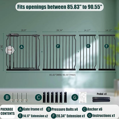 Heavy Duty Baby & Dog Safety Gate, Extra Wide 85.8-90.5 Inch,Black Metal, Pressure Mounted No Drilling Pet Gate for Large Openings