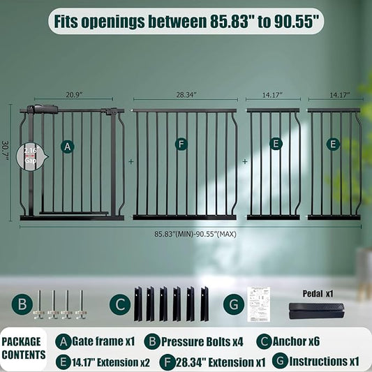 Heavy Duty Baby & Dog Safety Gate, Extra Wide 85.8-90.5 Inch,Black Metal, Pressure Mounted No Drilling Pet Gate for Large Openings