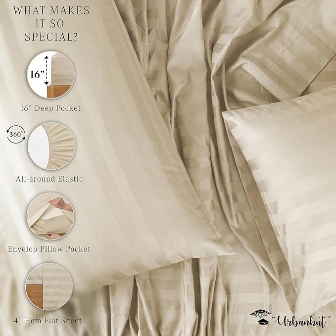URBANHUT 800 Thread Count Egyptian Cotton Damask Striped King Size Sheets Set (4 Pc) - Ultra Soft & Smooth, Sateen Weave King Size Sheets, Luxury Hotel Sheets with 16" Deep Pocket - Ivory