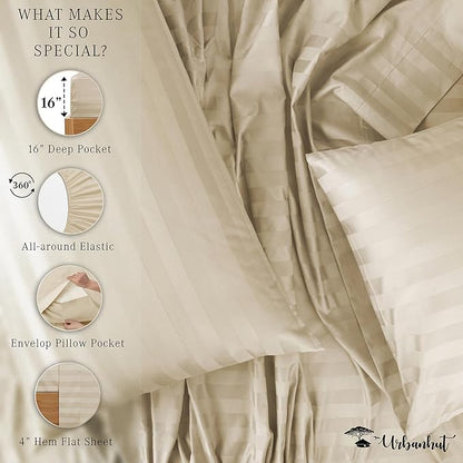 URBANHUT 800 Thread Count Egyptian Cotton Damask Striped California King Size Sheets Set (4 Pc) - Ultra Soft, Sateen Weave Cal King Size Bed Sheets, Luxury Hotel Sheets with 16" Deep Pocket - Ivory