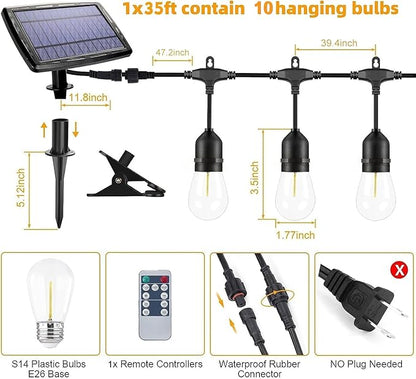 Solar String Lights with Remote Control, 35FT Dimmable Outdoor String Lights Waterproof, Patio Lights Solar Powered for Garden Backyard Camping
