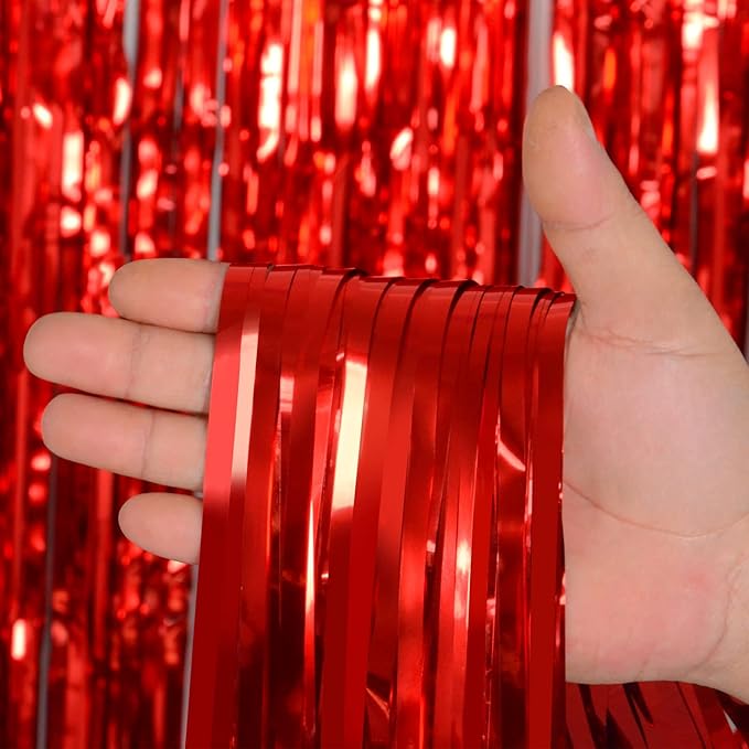 Foil Fringe Curtains Christmas Decorations - Melsan 3 Pack 3.2 x 8.2 ft Tinsel Curtain Party Photo Backdrop for Birthday Party Baby Shower or Graduation Decorations (Pure red)