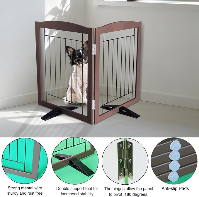 ZJSF Freestanding Dog Fence Indoor, Foldable Dog Gate for Doorways, Stairs or Hallways, Sturdy Wood Extra Wide Pet Gate with Support Feet for The House, Brown, 24 "Height-2 Panels
