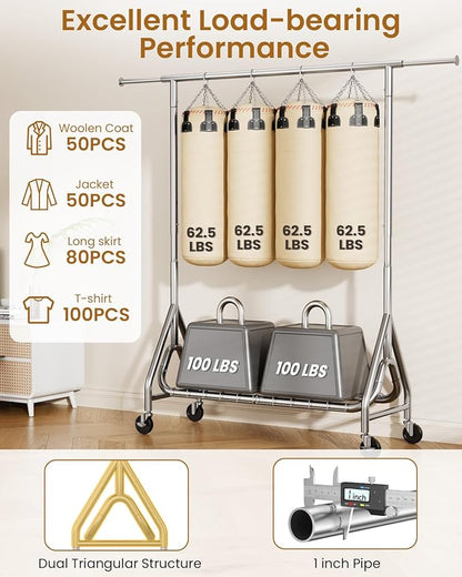Heavy Duty Garment Rack, Metal Clothes Rack Load 450 LBS, Rolling Clothing Racks for Hanging Clothes with Lockable Wheels, Wardrobe Closet Coat Racks for Bedroom, Silver