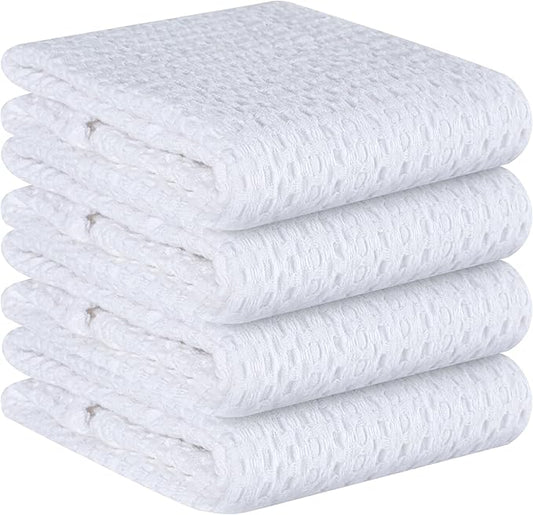Native Fab 4-Pack Premium Waffle Kitchen Towels with Hanging Loop 16x26 inches, Soft Absorbent, Cotton Dish Towels for Cleaning Drying Dishes, White
