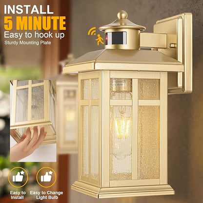 2-Pack Gold Exterior Motion Wall Sconces, Outdoor Waterproof Wall Light Fixtures Wall Mount, Dusk to Dawn Outside Lights for House with E26 Socket, Outside Lighting for Doorway, Garden, Home
