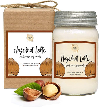 Aira Soy Candles - Organic, Kosher, Vegan, in Mason Jar w/Therapeutic Grade Essential Oil Blends - Hand-Poured 100% Soy Candle Wax - Paraffin Free, Burns 110+ Hours - Hazelnut Latte -16 Ounces