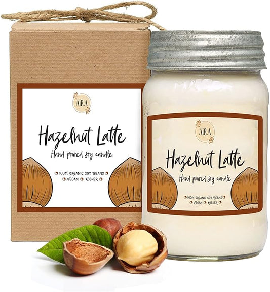 Aira Soy Candles - Organic, Kosher, Vegan, in Mason Jar w/Therapeutic Grade Essential Oil Blends - Hand-Poured 100% Soy Candle Wax - Paraffin Free, Burns 110+ Hours - Hazelnut Latte -16 Ounces
