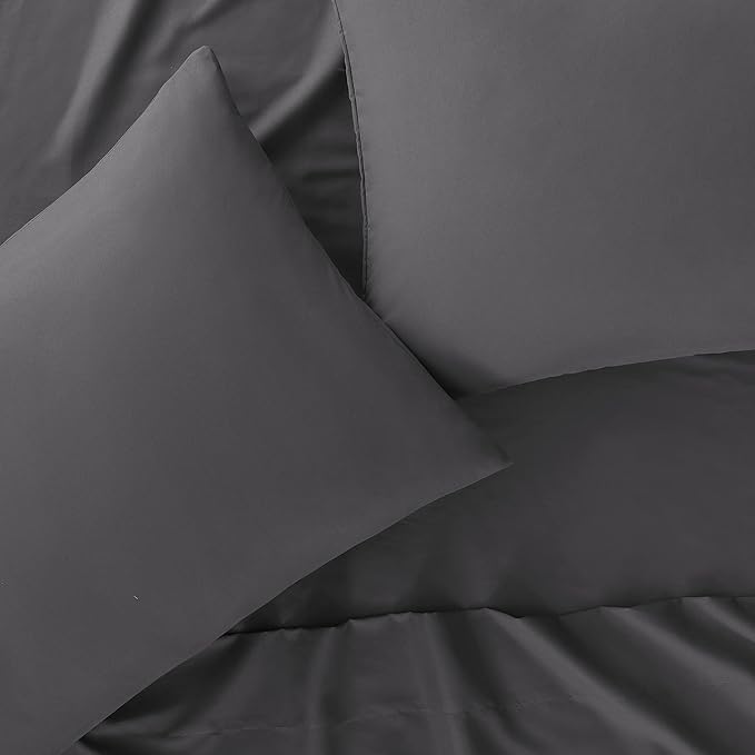 Serta Simply Clean Super Soft Hypoallergenic Stain Resistant Deep Pocket 4 Pieces Solid Bed Sheet Set, Queen, Grey