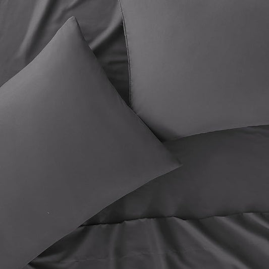 Serta Simply Clean Super Soft Hypoallergenic Stain Resistant Deep Pocket 4 Pieces Solid Bed Sheet Set, Full, Grey