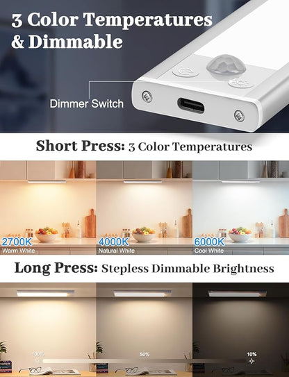 14in Under Cabinet Lighting with Charging Station, 3200mAh Rechargeable Motion Sensor Light Indoor, Magnetic Under Cabinet Lights for Kitchen, 3 Color Tempers Dimmable Closet Lights Wireless, 6-Pack
