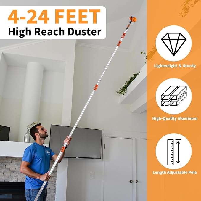 4-24 Foot Window Washing Kit with Extension Pole, Long Window Squeegee with Microfiber Scrubber, Window Cleaner Tool for Ceiling Fan, Furniture, Home (Feather Duster & Ceiling Fan Duster)