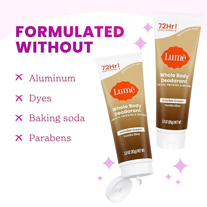 Lume Whole Body Deodorant - Invisible Cream Tube - 72 Hour Odor Control - Doctor Developed - Aluminum Free, Baking Soda Free and Skin Loving - 3.0 Ounce (Pack of 2) (Vanilla Bliss)