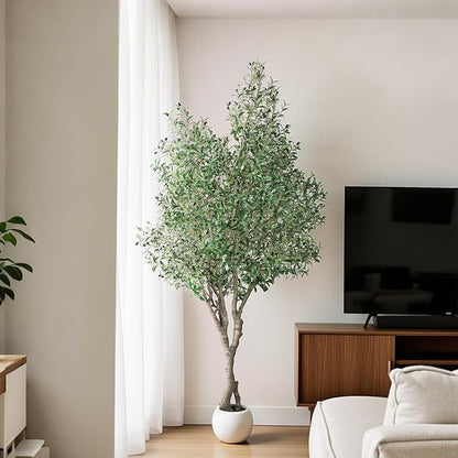 Artificial Olive Tree 8FT, Indoor Fake Silk Plant with Realistic Trunk, Leaves, Fruits and White Planter, Faux Potted Tree for Home Decor and Housewarming Gift, 1 Pack