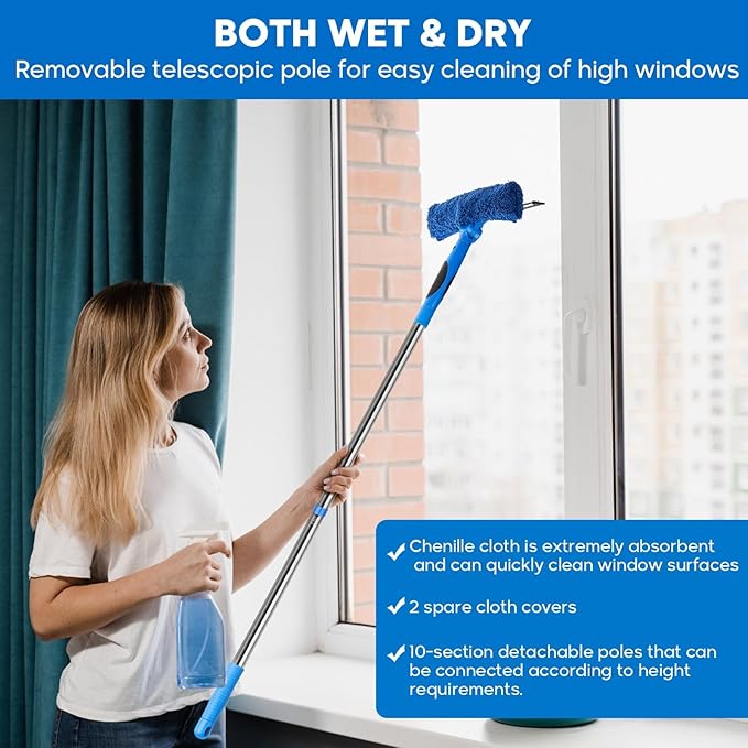 Window Squeegee, 2-in-1 Window Cleaner with Removable Extension Poles 177'' Window Washing Kit Glass Door Cleaner Multi-Use Car Windshield Cleaning Tool with 1 Blade 3 Scrubber for High Outdoor Window
