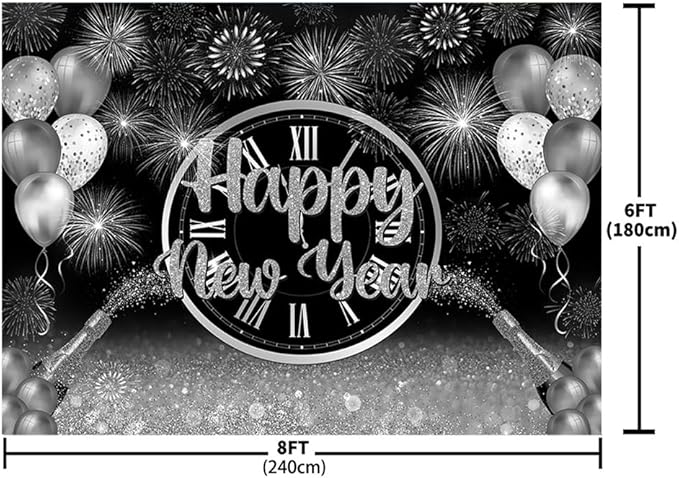 MEHOFOND 8x6ft Happy New Year Backdrop Silver 2026 New Year Eve Party Decorations Banner Supplies Shining Champagne Balloons Firework Photography Background New Years Eve Photo Studio Props