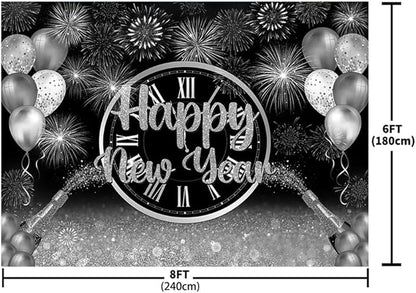 MEHOFOND 8x6ft Happy New Year Backdrop Silver 2026 New Year Eve Party Decorations Banner Supplies Shining Champagne Balloons Firework Photography Background New Years Eve Photo Studio Props