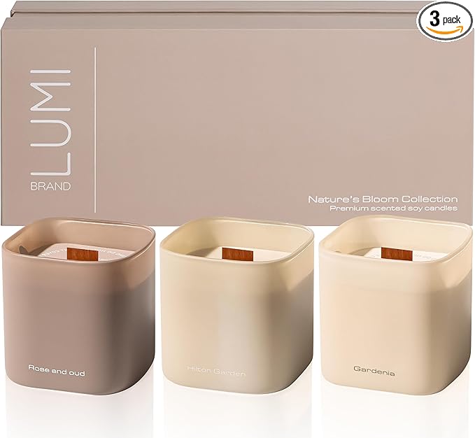 Set of 3 Premium Scented Soy Candles Gift Set | Nature's Bloom Collection - Gardenia, Hilton Garden and Rose & Oud | Crackling Wood Wick | Luxury Candles for Relaxation, Home Décor, Gifts | 9.8oz Each